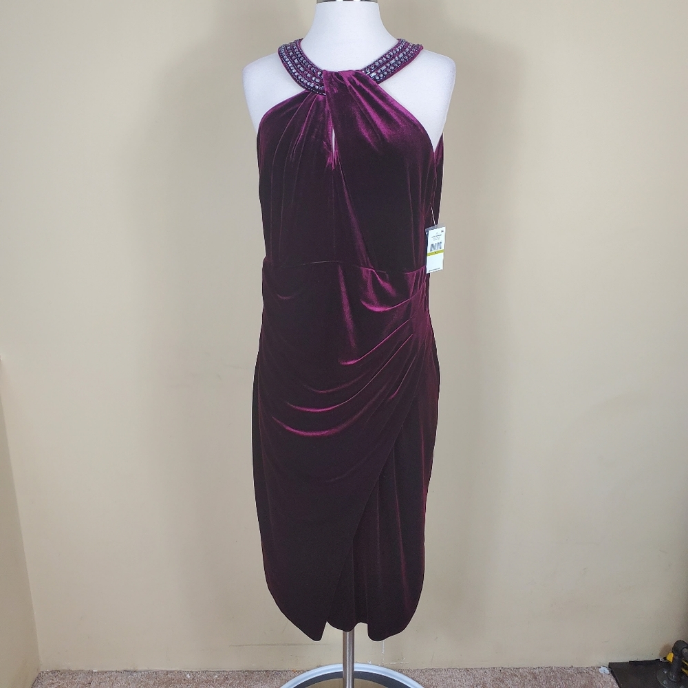 Alex Evenings Plum Velvet Beaded Halter Dress